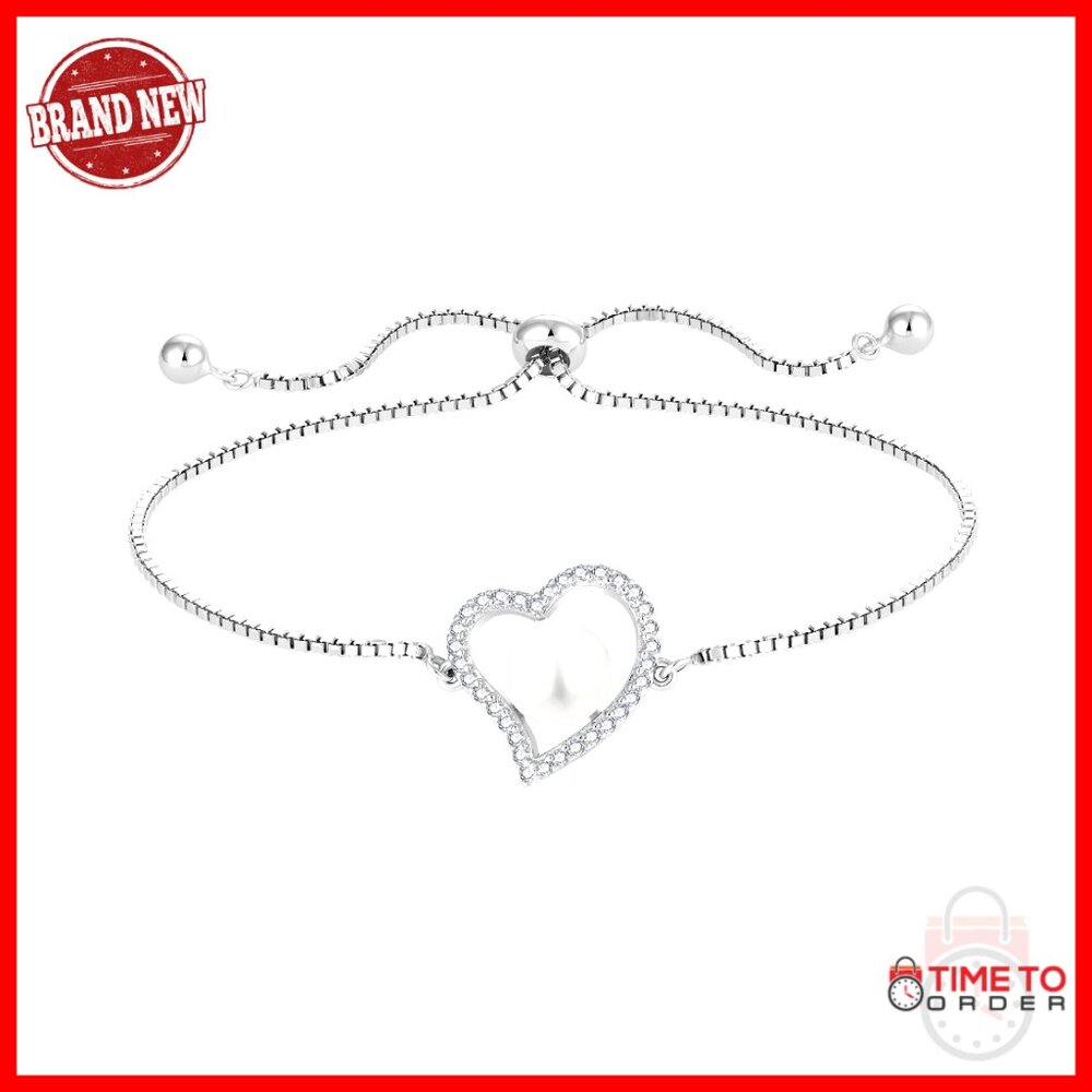 Sterling Silver Pearl Heart Bracelet Adjustable Chain Elegant Minimal Jewelry